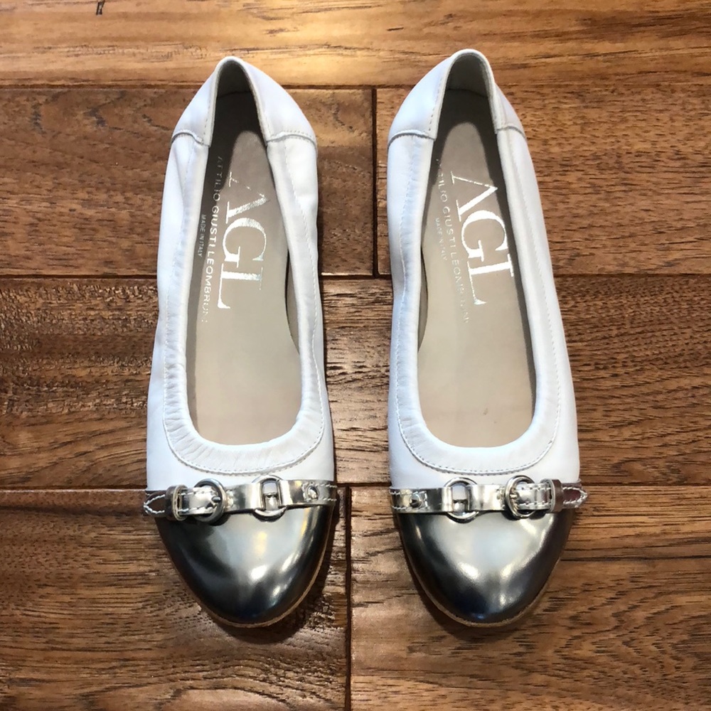 AGL White Leather Ballet Flats with Silver Cap Toe EU 37.5 / US 7.5